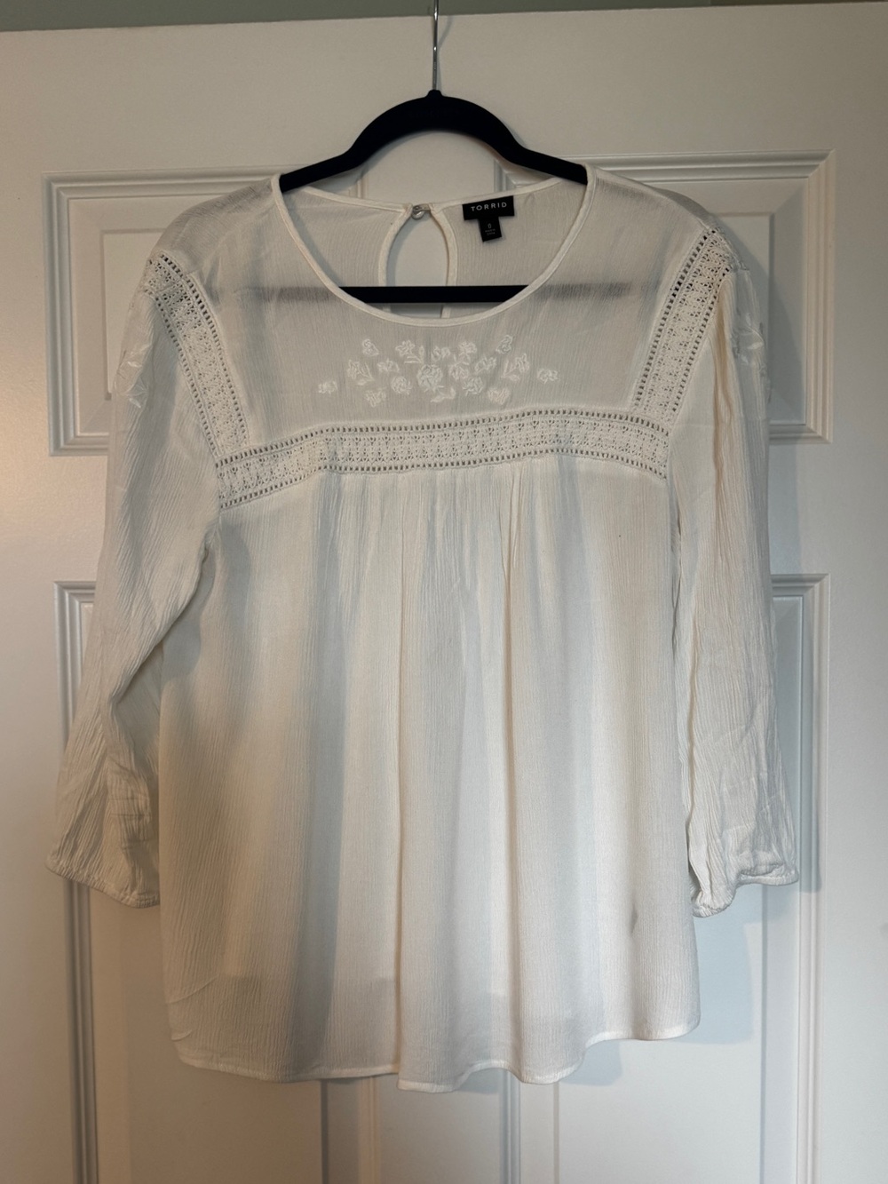 Torrid White Embroidered Peasant Blouse 0
